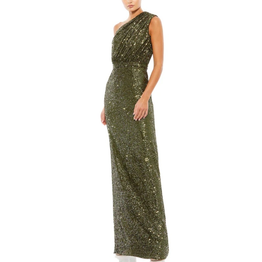 NWT Ieena for Mac Duggal 26694 Olive Sequined Ruched One Shoulder Gown - Sz 8 - Picture 1 of 12